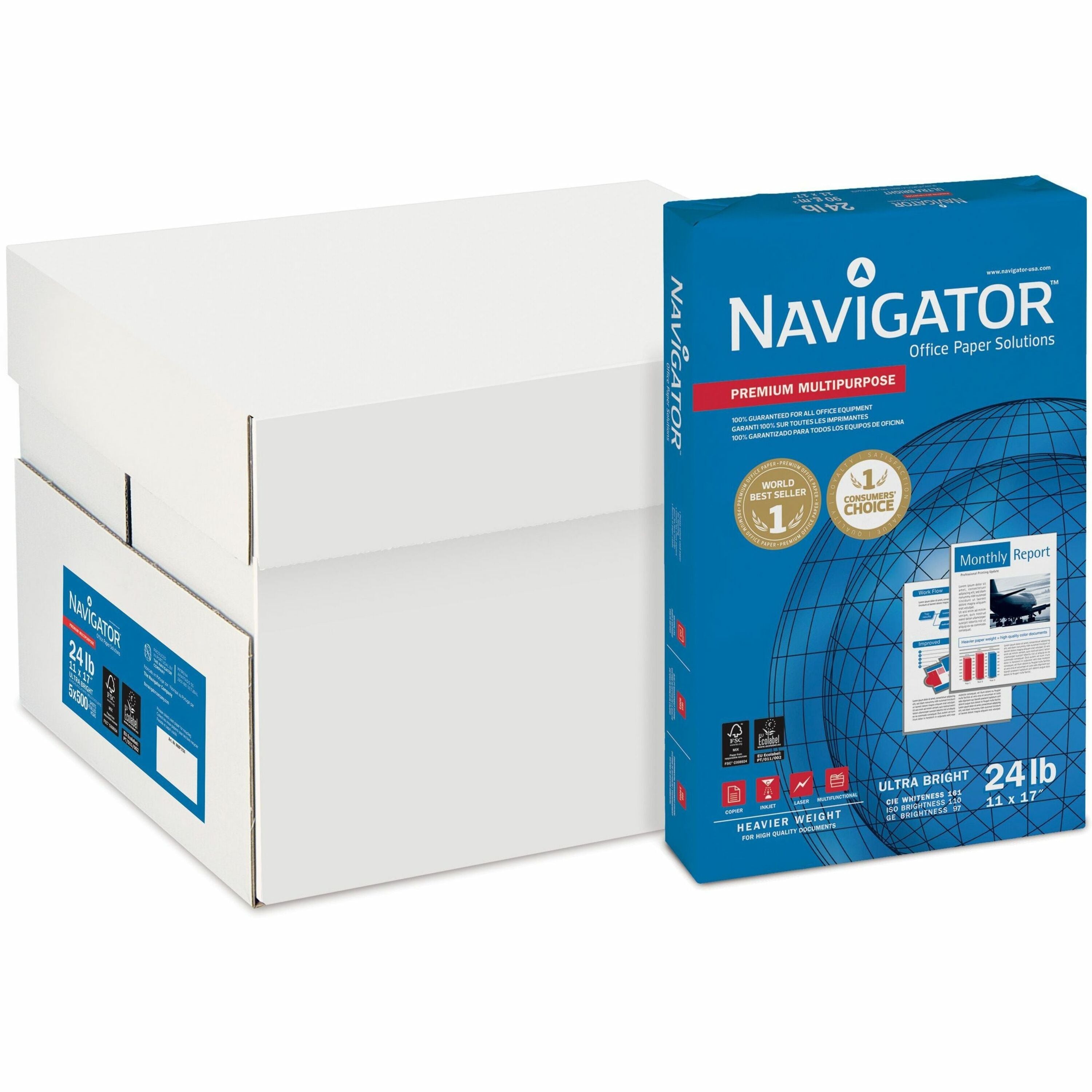 Premium Multipurpose Copy Paper, 97 Bright, 24 lb Bond Weight, 11 x 17, White, 500 Sheets/Ream, 5 Reams/Carton