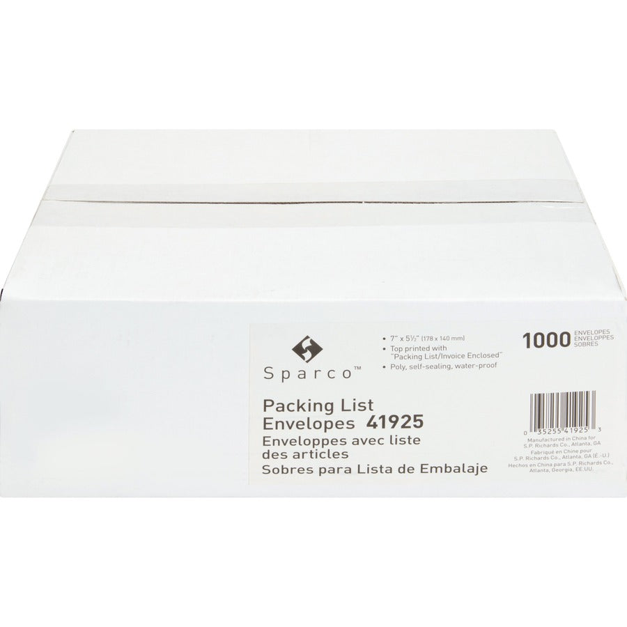 Sparco Pre-labeled Packing Slip Envelope - Packing List - 7" Width x 5 1/2" Length - 70 g/m2 - Self-adhesive Seal - Paper, Low Density Polyethylene (LDPE) - 1000 / Box - White