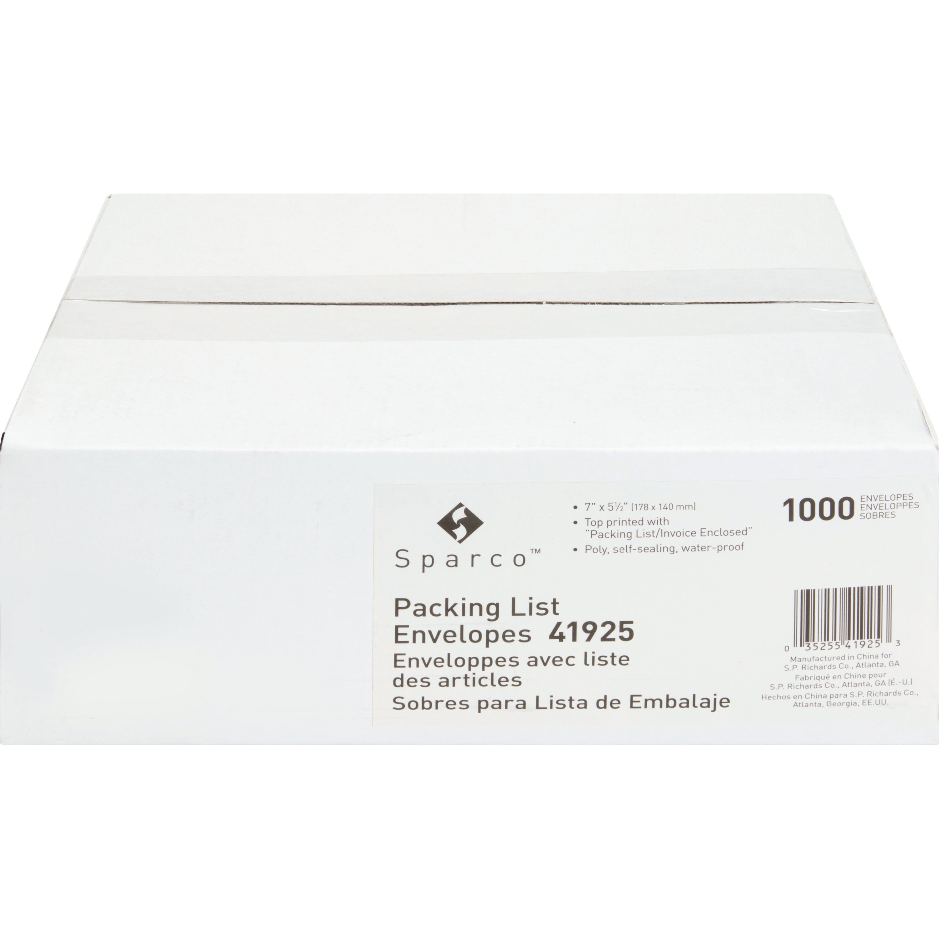 Sparco Pre-labeled Packing Slip Envelope - Packing List - 7" Width x 5 1/2" Length - 70 g/m2 - Self-adhesive Seal - Paper, Low Density Polyethylene (LDPE) - 1000 / Box - White - 