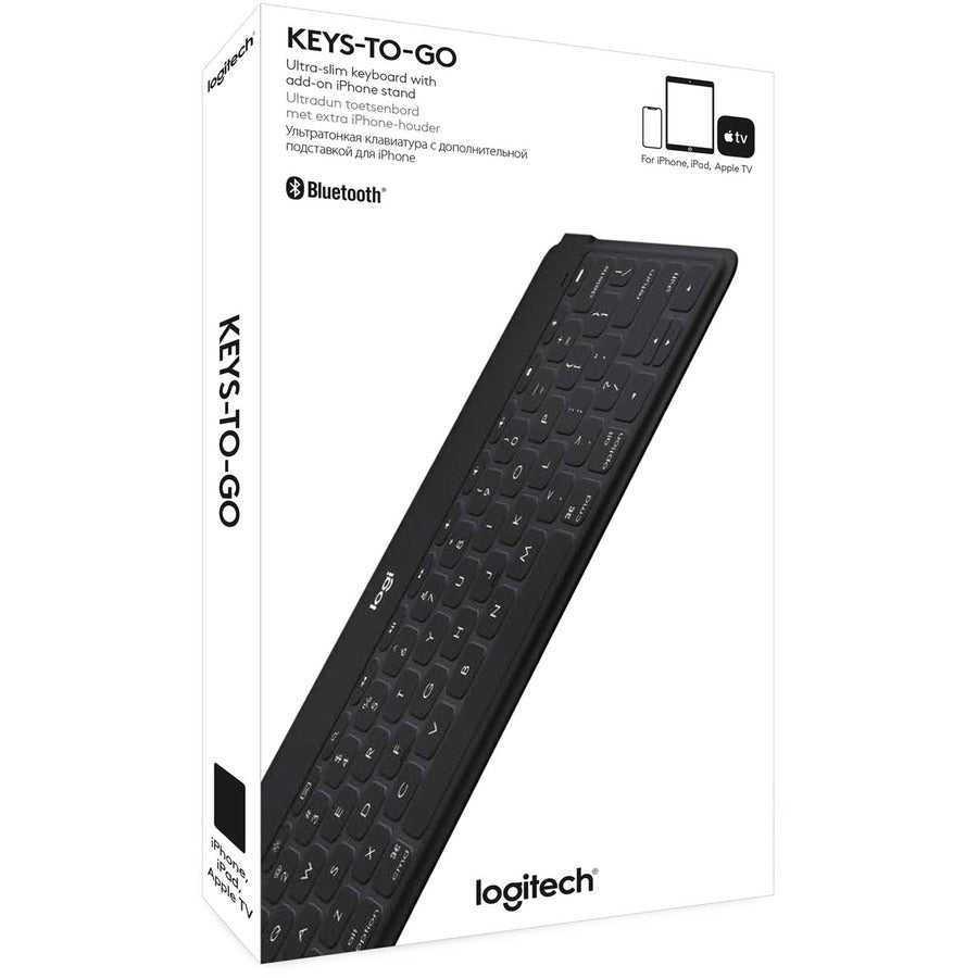 Keys-To-Go Super-Slim and Super-Light Bluetooth Keyboard for iPhone, iPad, and Apple TV - Black - Wireless Connectivity - Bluetooth - Tablet, Smartphone, Smart TV, Tablet, Smartphone, iPhone, iPad, Apple TV - Mechanical Keyswitch - Black