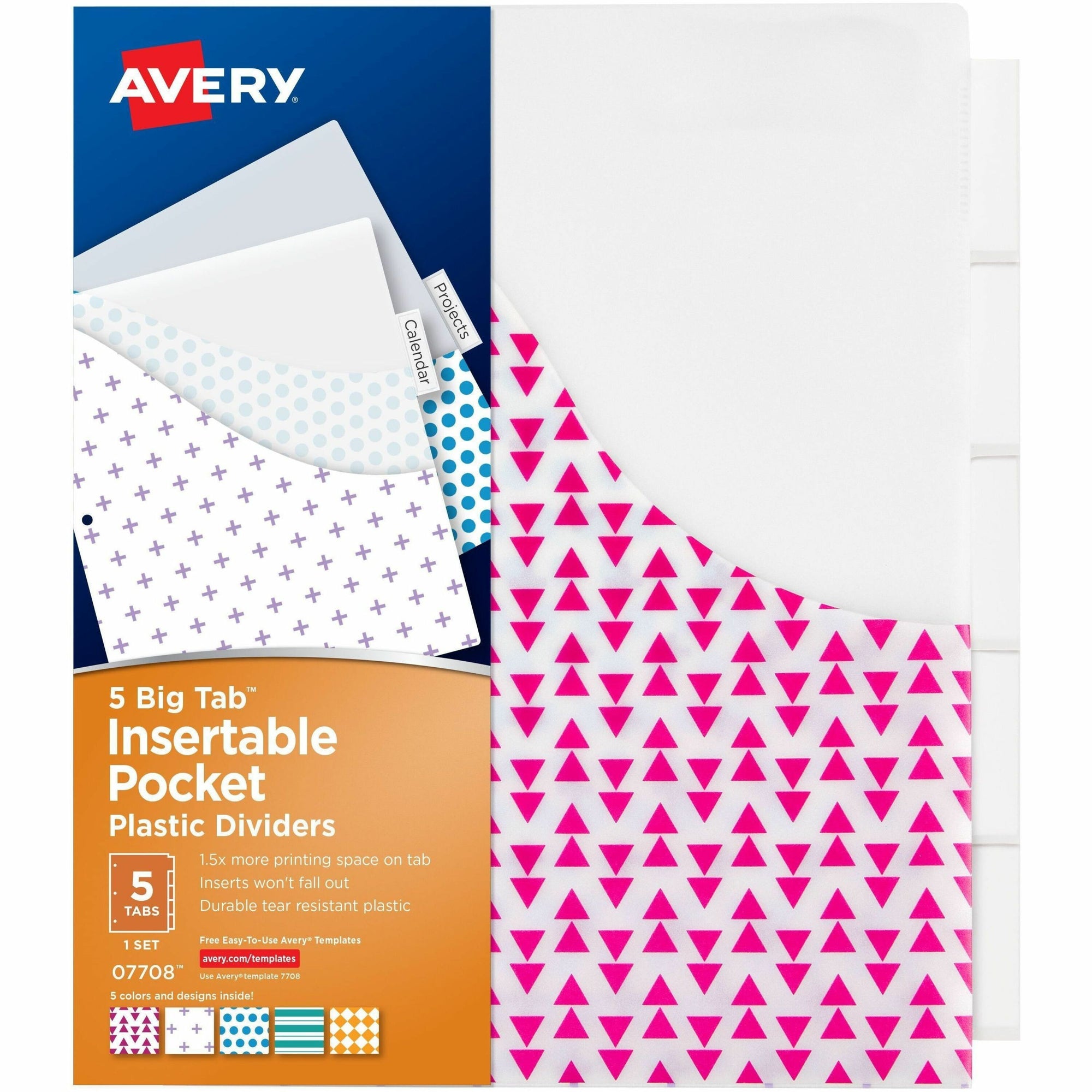 Avery Big Tab Insertable Plastic Pocket Dividers - 180 x Divider(s) - 180 Tab(s) - 5 - 5 Tab(s)/Set - 9.3" Divider Width x 11.13" Divider Length - 3 Hole Punched - Multicolor Plastic Divider - Clear Plastic Tab(s) - 36 / Carton