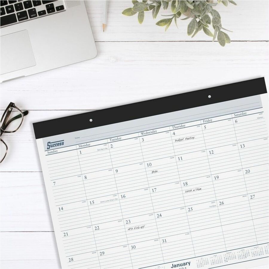 Desk Pad, 21.75 x 17, White Sheets, Black Binding, Clear Corners, 12-Month (Jan to Dec): 2024