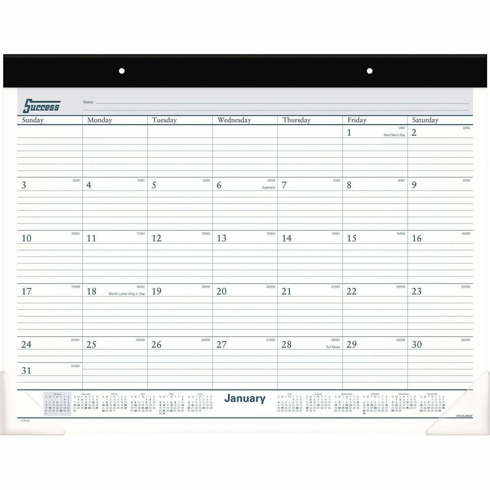 Desk Pad, 21.75 x 17, White Sheets, Black Binding, Clear Corners, 12-Month (Jan to Dec): 2024