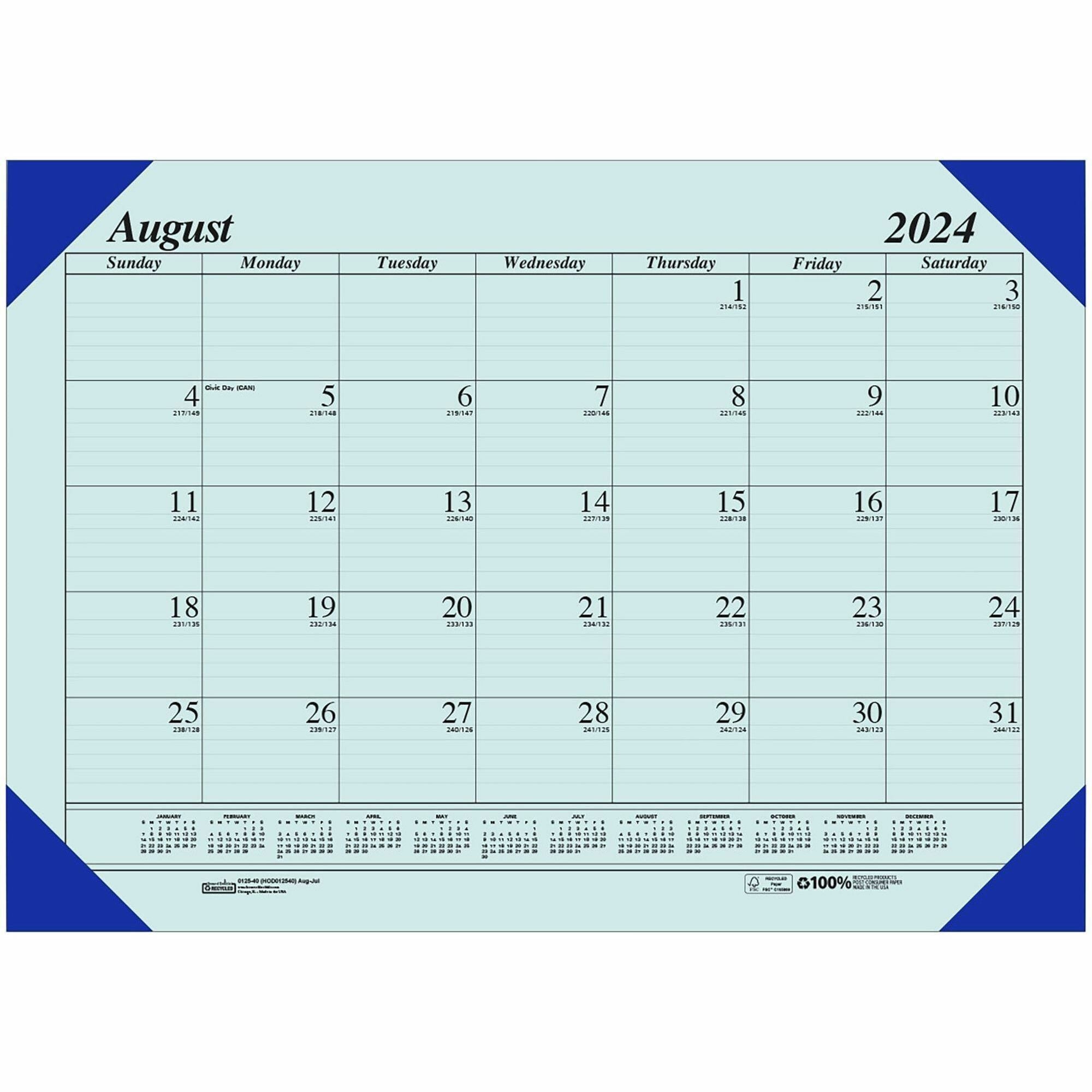 House of Doolittle Compact Academic Desk Pad - Academic - Monthly - 12 Month - August 2023 - July 2024 - 1 Month Single Page Layout - 18 1/2" x 13" Blue Sheet - 1.87" x 2.25" Block - Desktop - Blue - Leatherette - Blue CoverAppointment Schedule, Day
