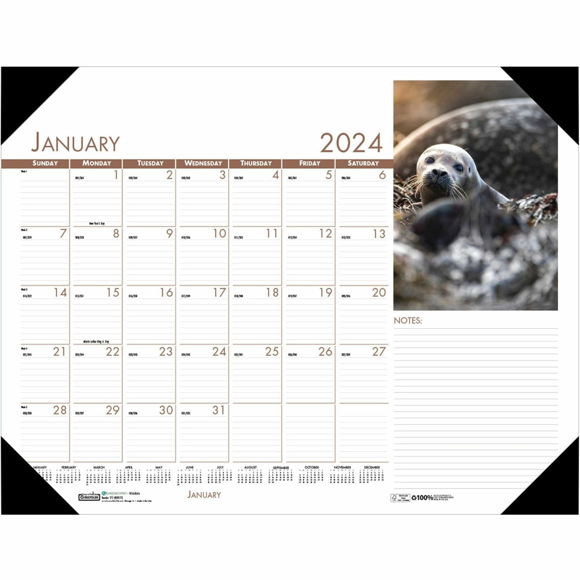 House of Doolittle EarthScapes Wildlife Desk Pad - Academic - Julian Dates - Monthly - 12 Month - January 2024 - December 2024 - 1 Month Single Page Layout - 17" x 22" Sheet Size - 2.25" x 2" Block - Desktop - Multi - Leatherette - Black CoverClass S - 