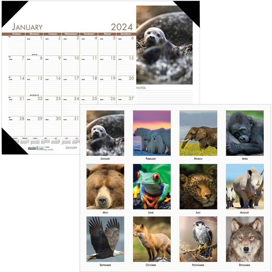 House of Doolittle EarthScapes Wildlife Desk Pad - Academic - Julian Dates - Monthly - 12 Month - January 2024 - December 2024 - 1 Month Single Page Layout - 17" x 22" Sheet Size - 2.25" x 2" Block - Desktop - Multi - Leatherette - Black CoverClass S - 