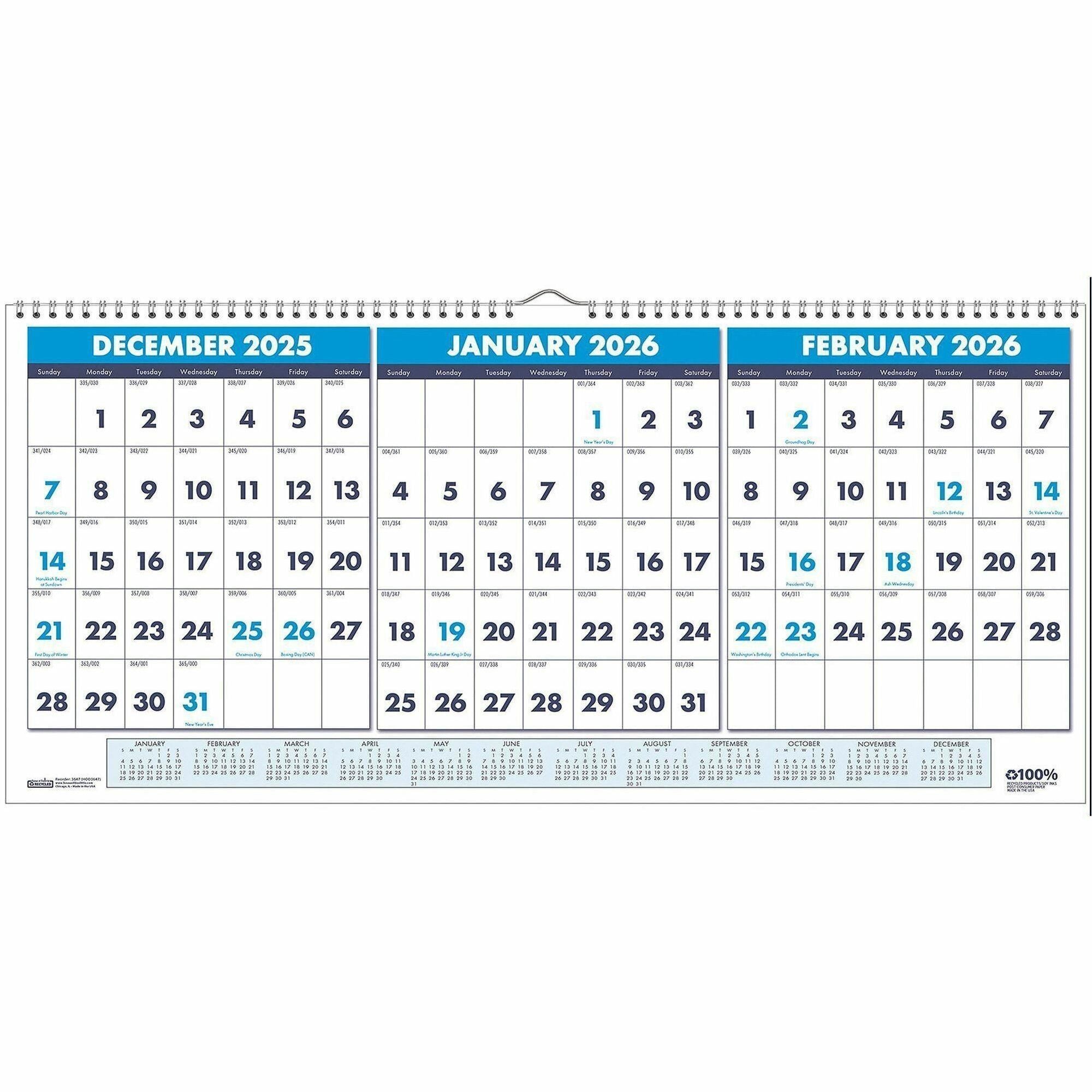 Recycled Three-Month Format Wall Calendar, Horizontal Orientation, 23.5 x 12, White Sheets, 14-Month (Dec-Jan): 2023-2025