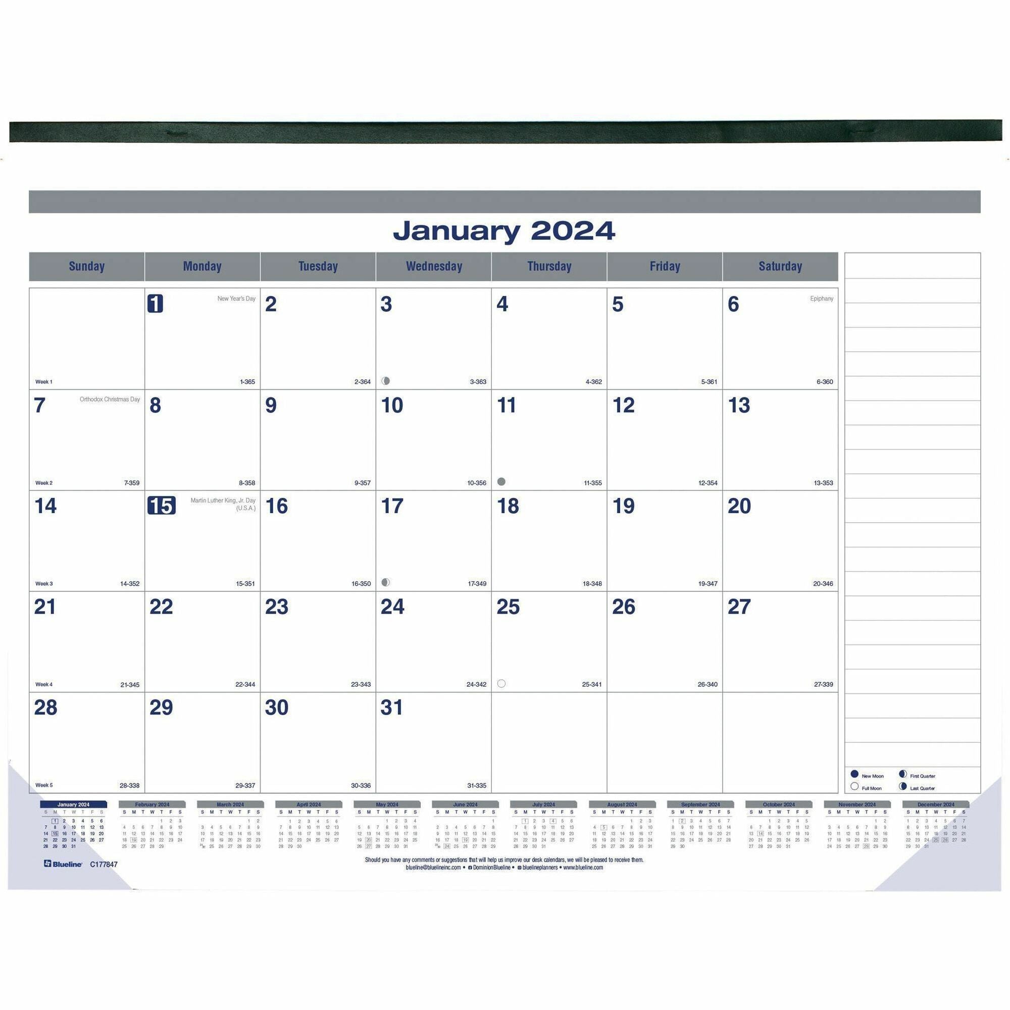 Net Zero Carbon Monthly Desk Pad Calendar, 22 x 17, White/Gray/Blue Sheets, Black Binding, 12-Month (Jan to Dec): 2024