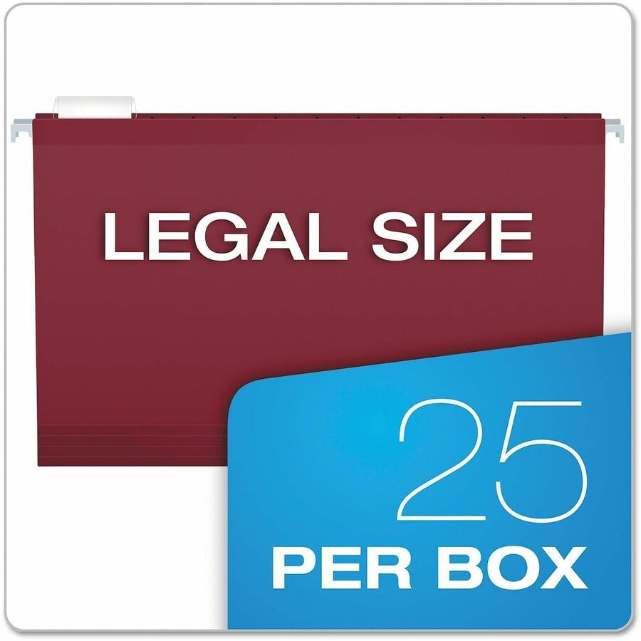 Colored Reinforced Hanging Folders, Legal Size, 1/5-Cut Tabs, Burgundy, 25/Box