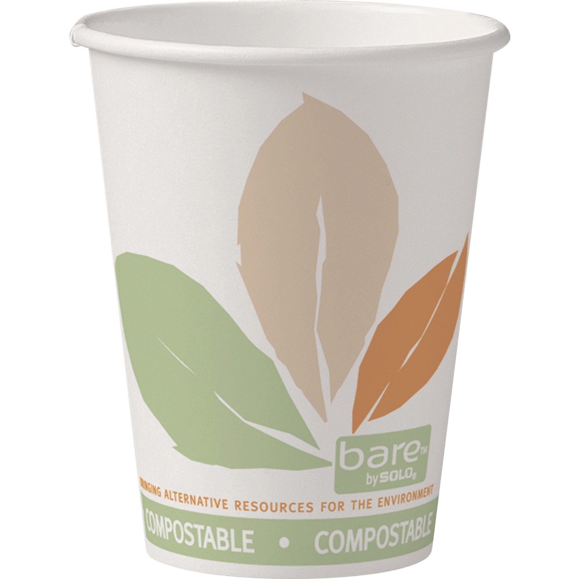 Bare Eco-Forward PLA Paper Hot Cups, 12 oz, Leaf Design, White/Green/Orange, 50/Bag, 20 Bags/Carton