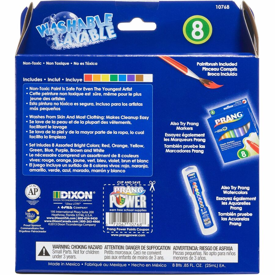 Prang Washable Tempera Paint Set - 0.85 fl oz - 8 / Set - Red, Orange, Yellow, Green, Blue, Violet, Brown, White