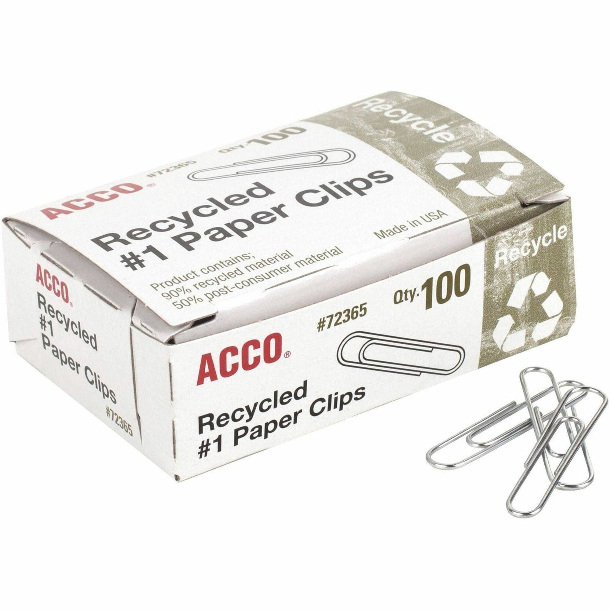 ACCO Recycled Paper Clips - No. 1 - 1.3" Length - 10 Sheet Capacity - Durable, Reusable - 1000 / Pack - Silver - Metal