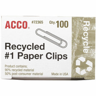 ACCO Recycled Paper Clips - No. 1 - 1.3" Length - 10 Sheet Capacity - Durable, Reusable - 1000 / Pack - Silver - Metal
