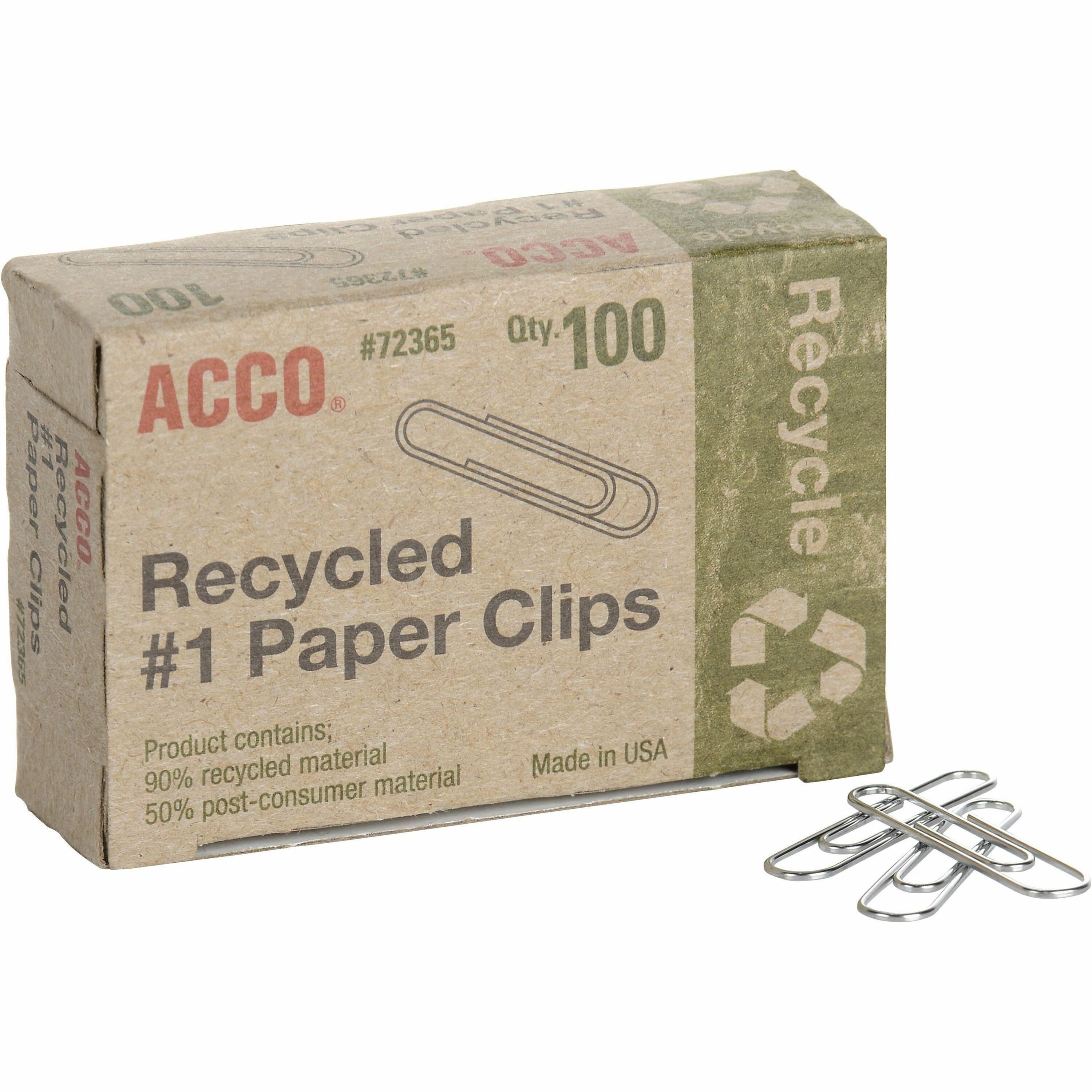 ACCO Recycled Paper Clips - No. 1 - 1.3" Length - 10 Sheet Capacity - Durable, Reusable - 1000 / Pack - Silver - Metal - 1