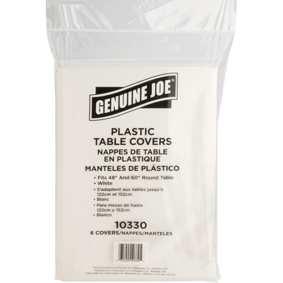 Genuine Joe Plastic Round Tablecovers - 84" Diameter - Plastic - White - 24 / Carton - 