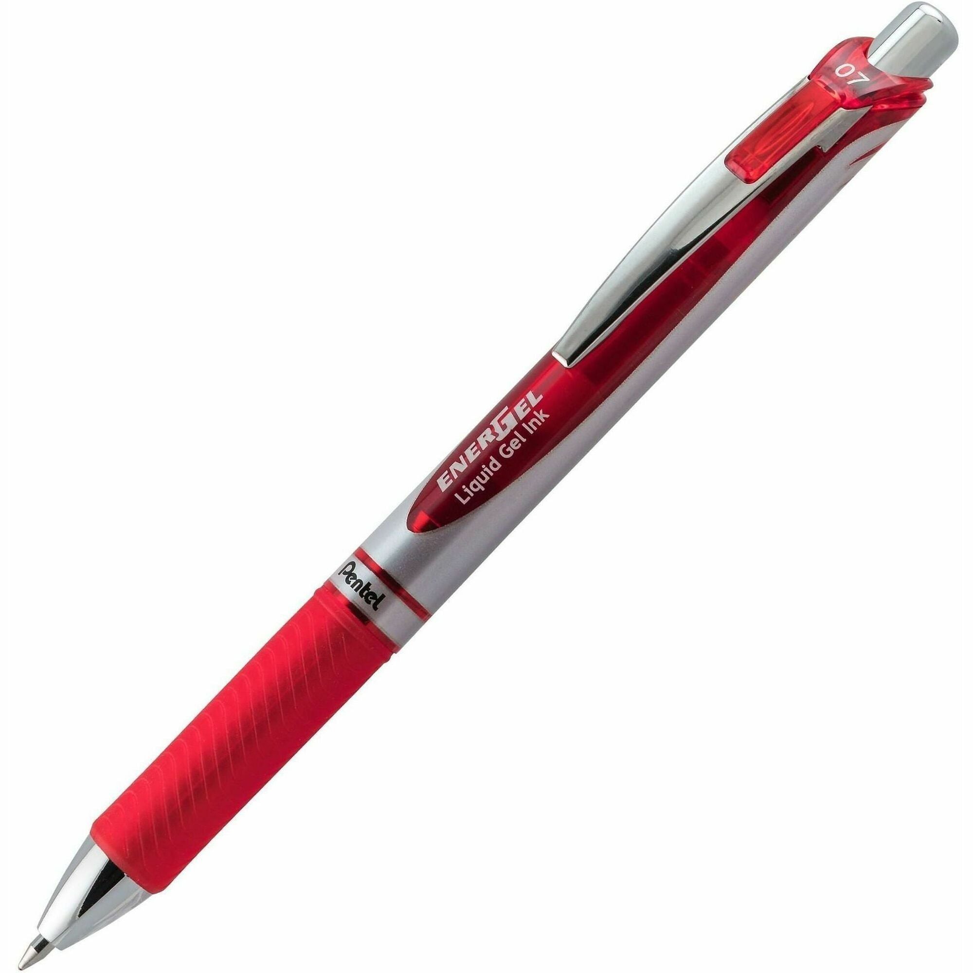 EnerGel EnerGel RTX Liquid Gel Pens - Medium Pen Point - 0.7 mm Pen Point Size - Refillable - Retractable - Red Gel-based Ink - Silver Barrel - Metal Tip - 1 Dozen