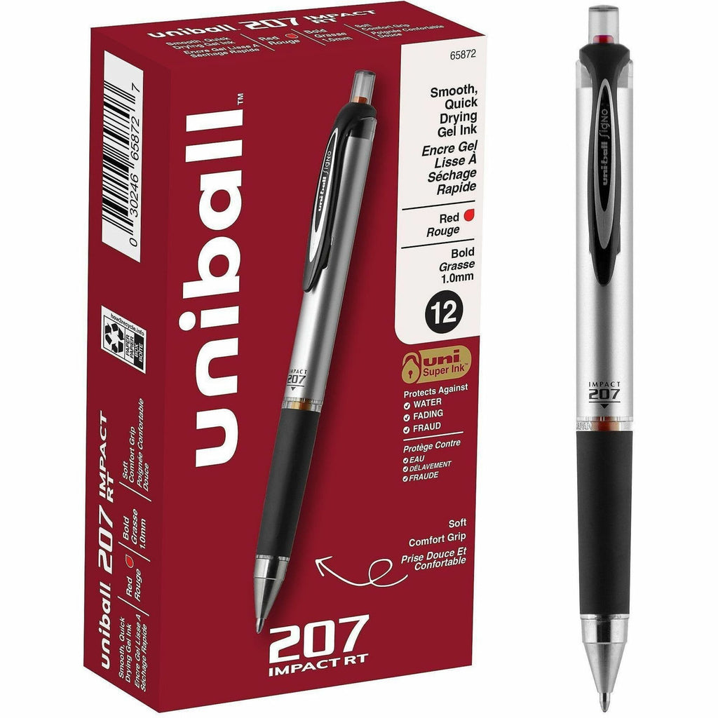 uniball 207 Impact RT Gel Pens - Bold Pen Point - 1 mm Pen Point Size - Refillable - Retractable - Red Gel-based Ink - Metallic Barrel - 1 Dozen