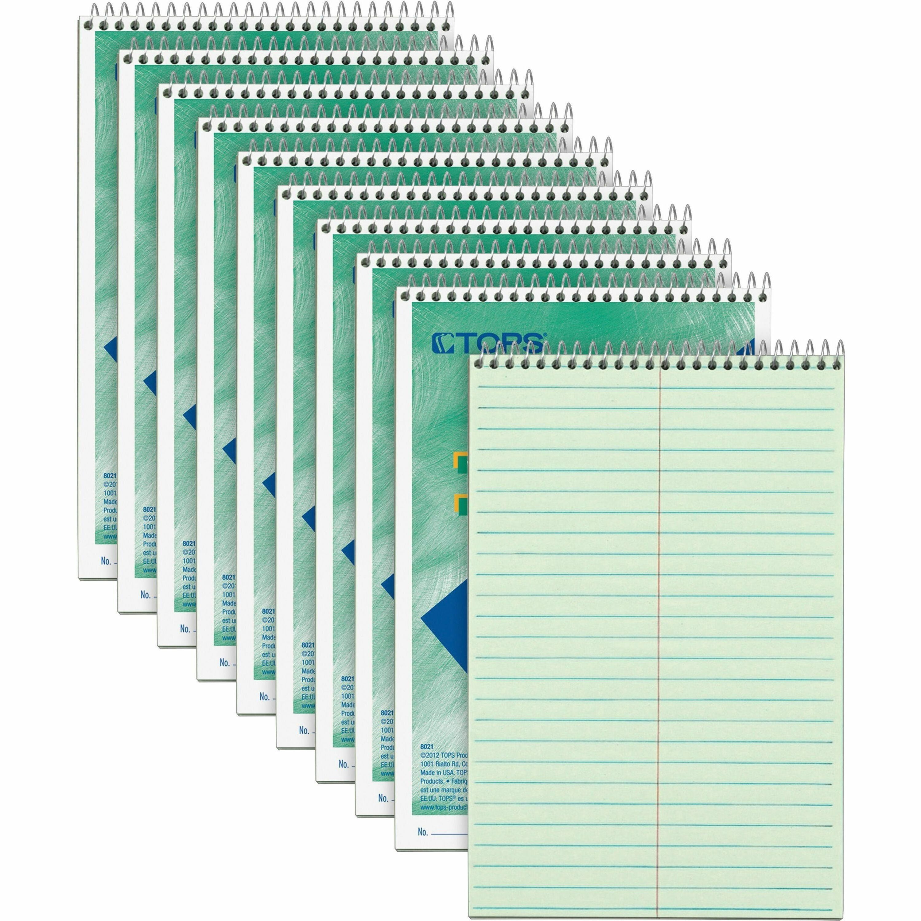 TOPS Steno Books - 80 Sheets - Wire Bound - Gregg Ruled Margin - 6" x 9" - Green Tint Paper - Snag Resistant, Acid-free, Heavyweight - 1 Dozen - 