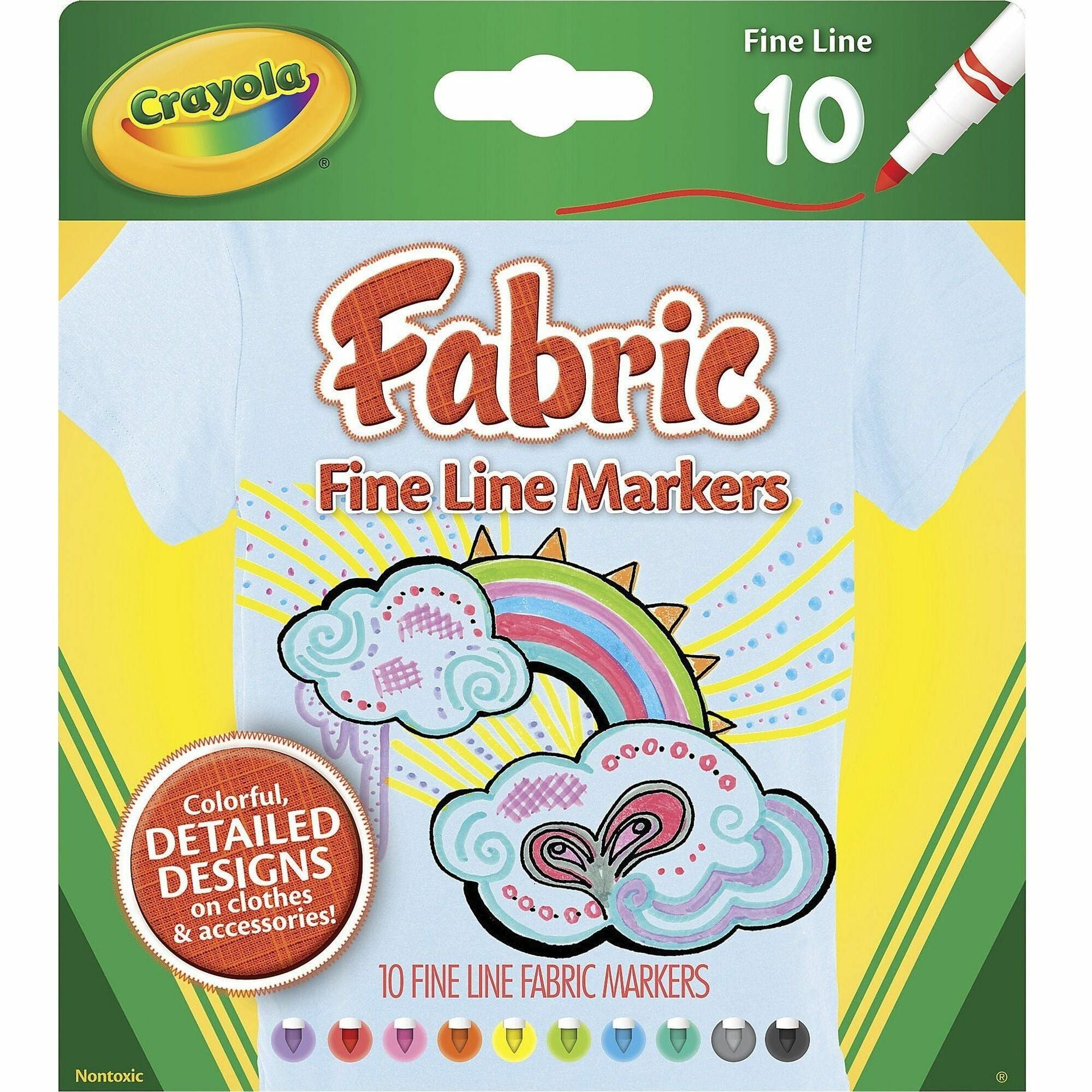 Crayola Bright Fabric Markers - Fine Marker Point - Black, Blue, Brown, White, Gray, Lime, Pink, Red, Teal, Yellow - 10 / Set - 