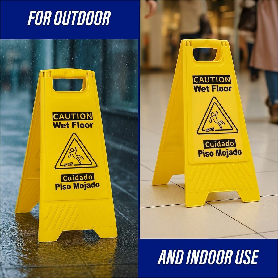 Genuine Joe Universal Graphic Wet Floor Sign - 1 Each - English, Spanish - Wet Floor Print/Message - Foldable - Yellow