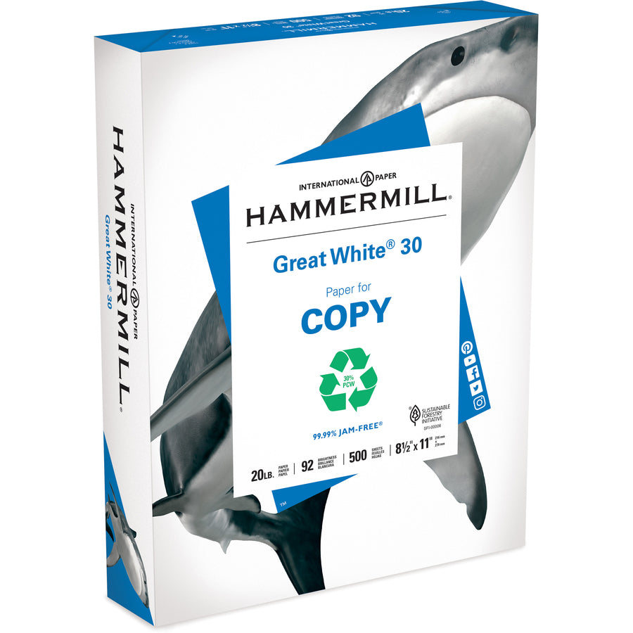 Hammermill Great White Recycled Copy Paper - White - 92 Brightness - Letter - 8 1/2" x 11" - 20 lb Basis Weight - 400 / Pallet - FSC - Acid-free, Archival-safe, Jam-free - White - 