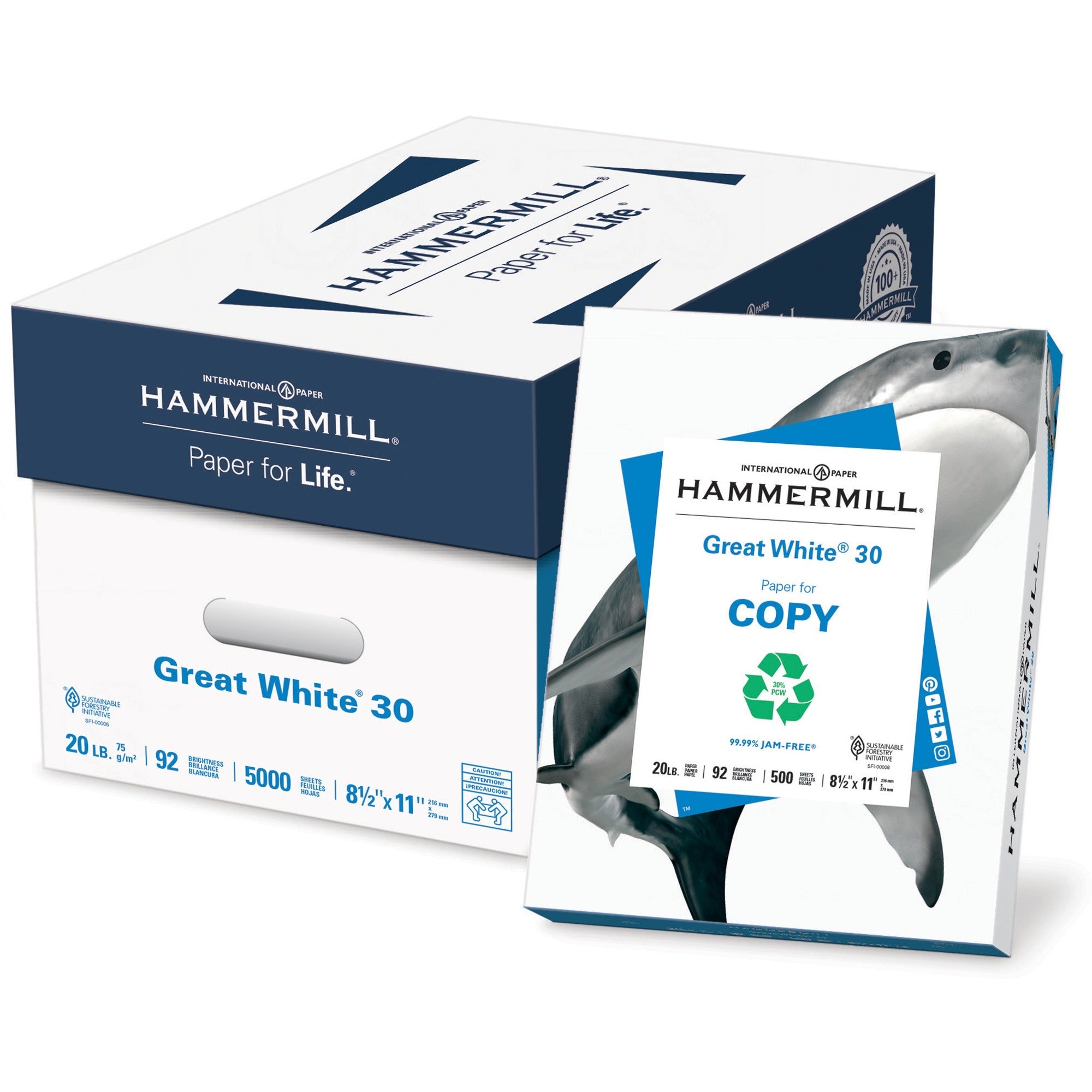 Hammermill Great White Recycled Copy Paper - White - 92 Brightness - Letter - 8 1/2" x 11" - 20 lb Basis Weight - 400 / Pallet - FSC - Acid-free, Archival-safe, Jam-free - White - 