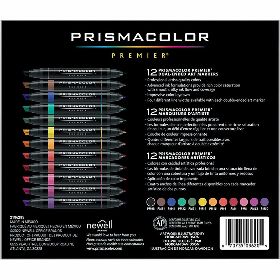 Prismacolor Premier Fine Art Markers - Fine Marker Point - Chisel Marker Point Style - Primary Alcohol Based Ink - 12 / Box