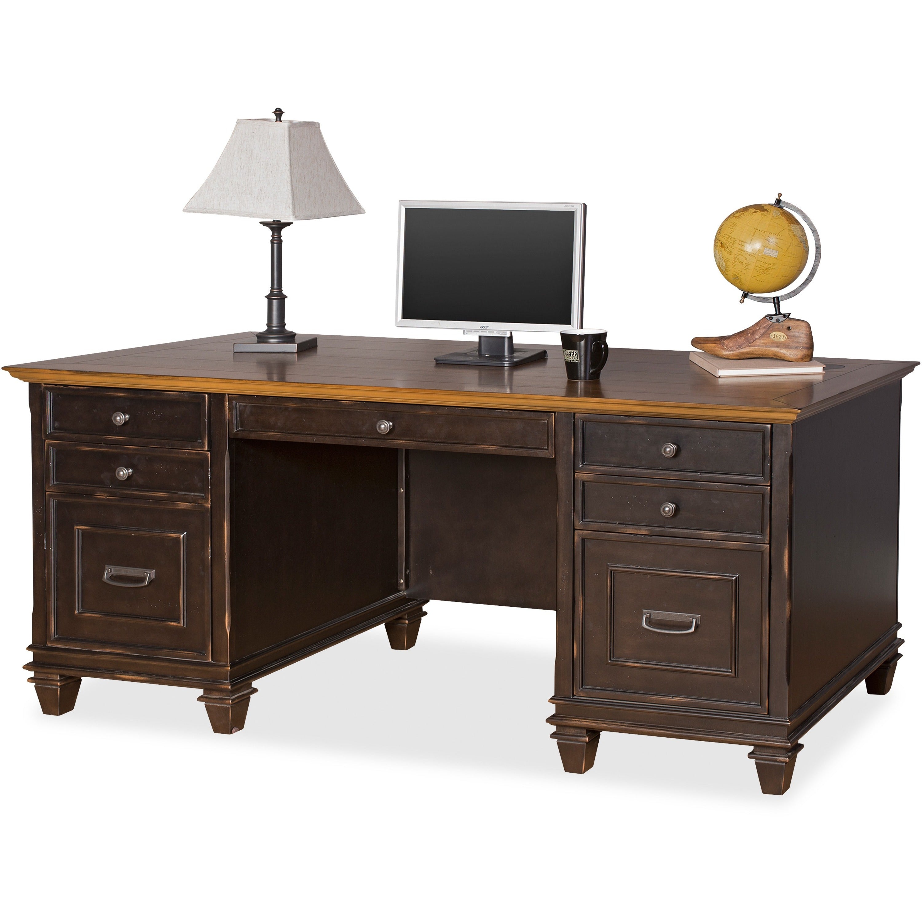 Martin Hartford Double Pedestal Desk - 69.5" x 30"31" - 7 x Keyboard, Storage, Utility, File Drawer(s) - Double Pedestal - Material: Wood Veneer - Finish: Vintage Black - Grommet, Wire Management Channel, Lockable Drawer, Pull-out Keyboard Tray - For