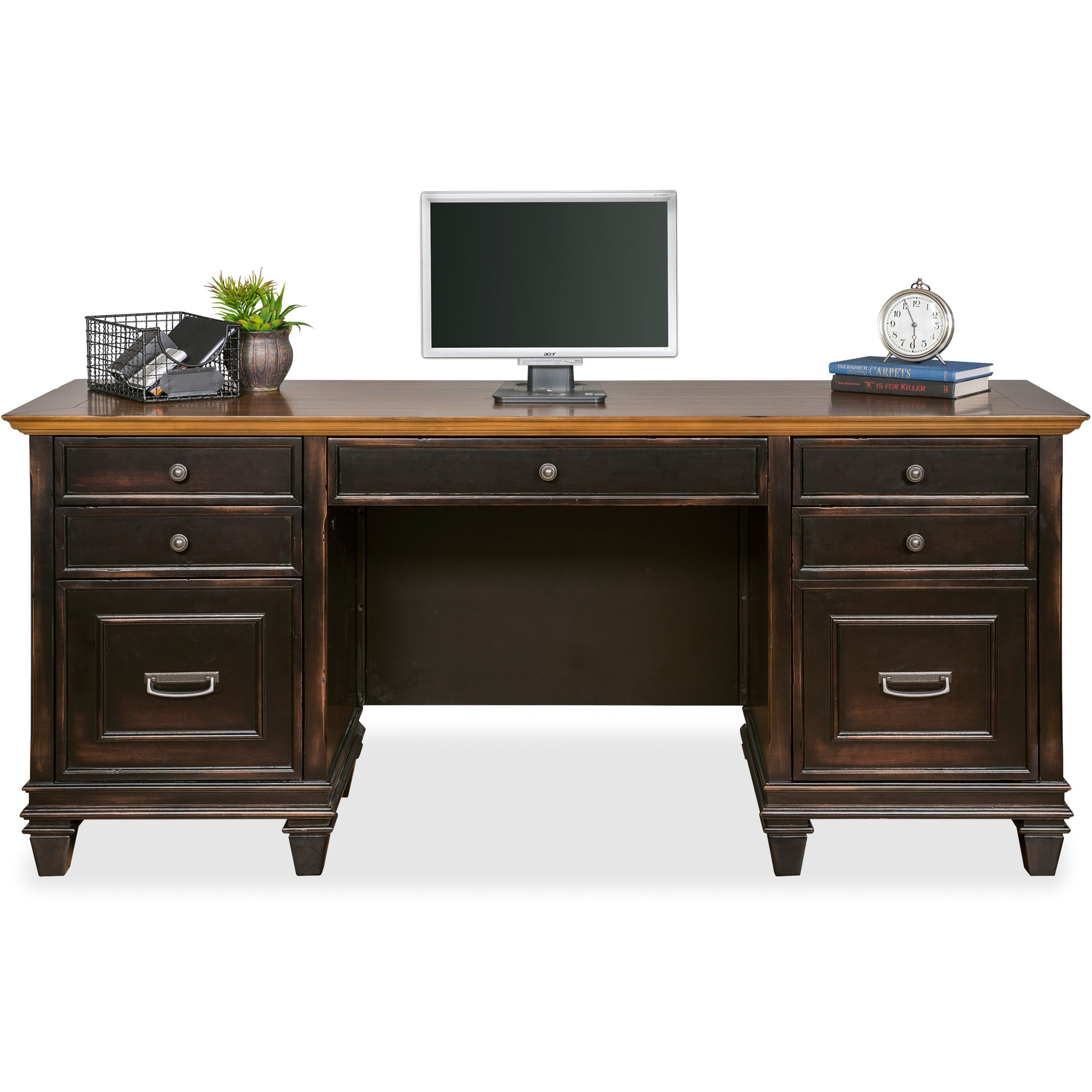 Martin Hartford Credenza - 5-Drawer - 69.5" x 21"31" - 5 x Keyboard, Storage, Utility, File Drawer(s) - 2 Door(s) - Material: Wood Veneer, Solid Wood - Finish: Vintage Black - Lockable Drawer, AC Power Outlet, Pull-out Printer Drawer, USB Connection