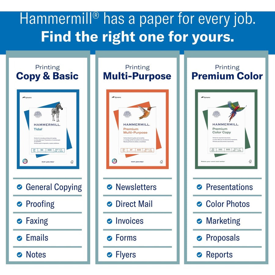 Hammermill Tidal Recycled Copy Paper - White - 92 Brightness - Letter - 8 1/2" x 11" - 20 lb Basis Weight - 200000 / Pallet - Sustainable Forestry Initiative (SFI) - Acid-free, Jam-free - White - 