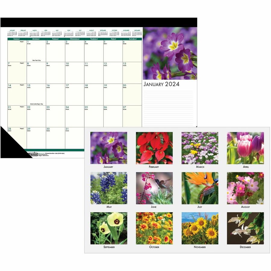 House of Doolittle EarthScapes Flowers 18-1/2" Desk Pad - Julian Dates - Monthly - 12 Month - January 2024 - December 2024 - 1 Month Single Page Layout - 18 1/2" x 13" Sheet Size - 1.50" x 1.87" Block - Headband - Desk Pad - Leatherette, Chipboard - - 