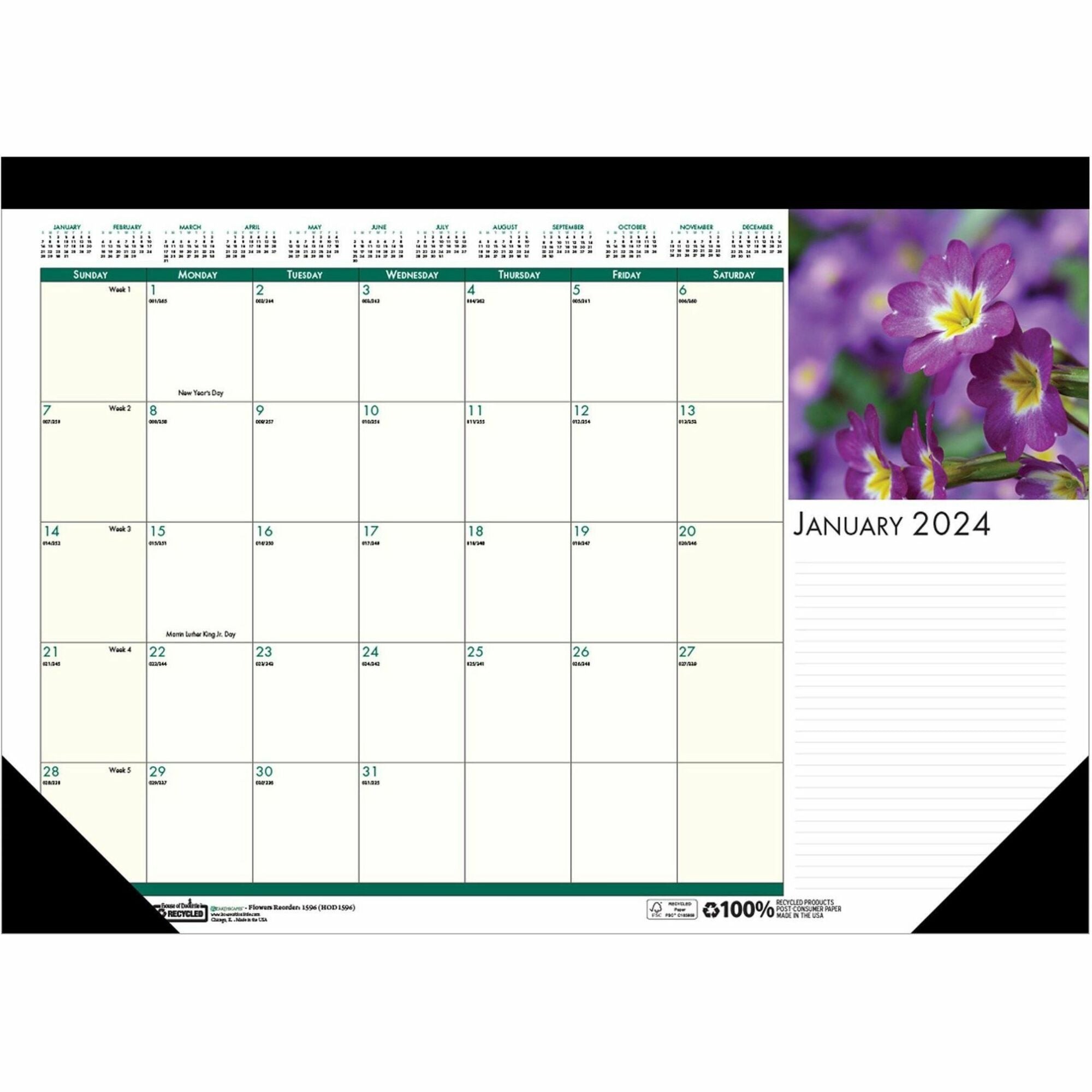 House of Doolittle EarthScapes Flowers 18-1/2" Desk Pad - Julian Dates - Monthly - 12 Month - January 2024 - December 2024 - 1 Month Single Page Layout - 18 1/2" x 13" Sheet Size - 1.50" x 1.87" Block - Headband - Desk Pad - Leatherette, Chipboard - - 