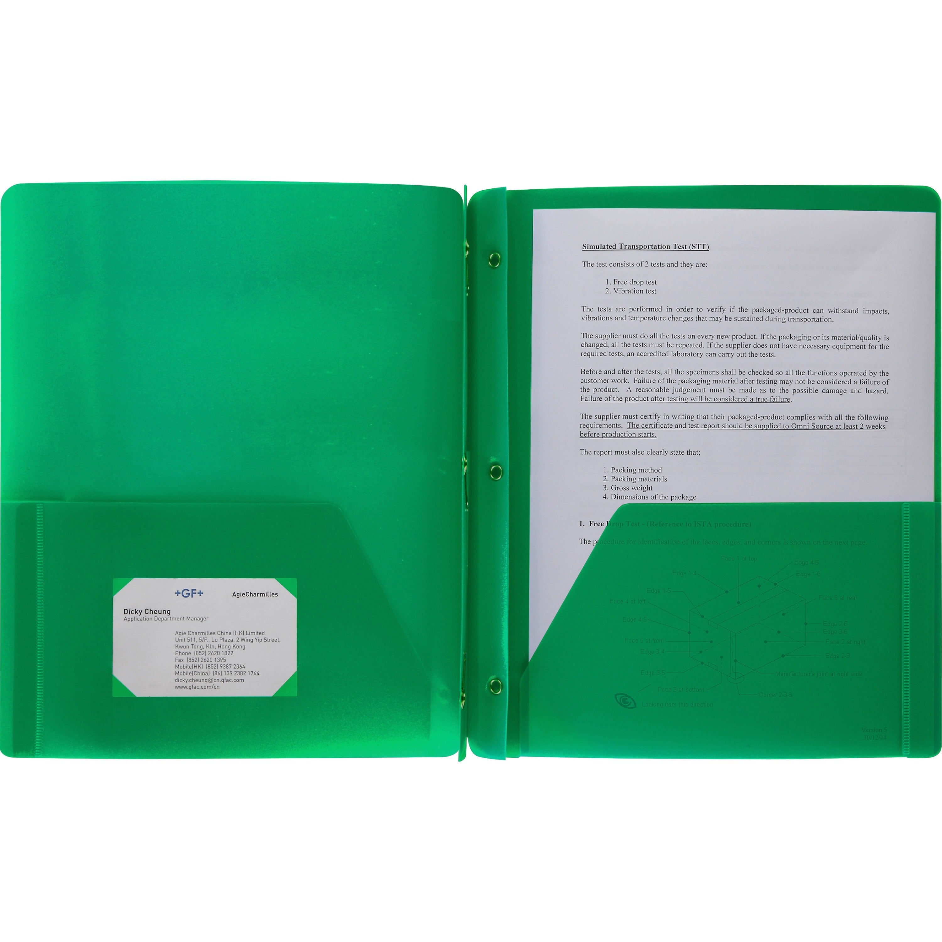 Business Source Letter Portfolio - 8 1/2" x 11" - 50 Sheet Capacity - 3 x Prong Fastener(s) - 2 Pocket(s) - Green - 1 Each - 