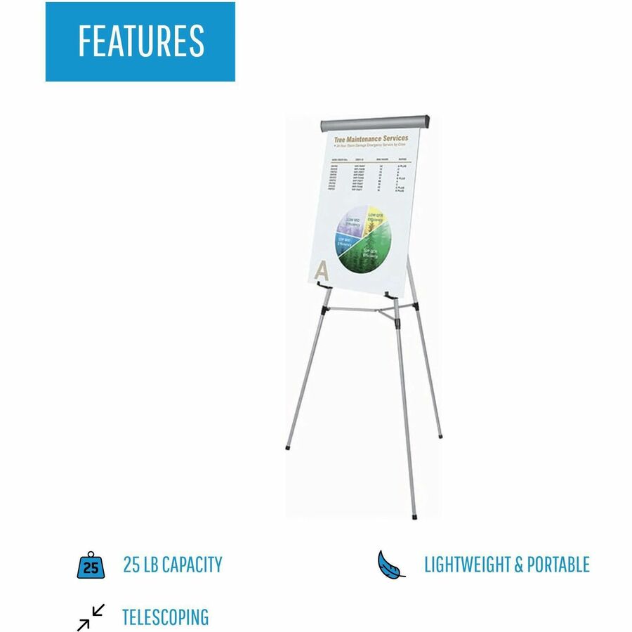 Telescoping Tripod Display Easel, Adjusts 35" to 64" High, Metal, Silver
