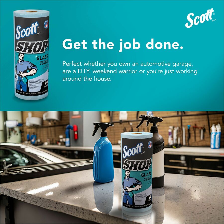 Scott Glass Cleaning Shop Towels - 90 Sheets/Roll - Blue - Low Linting, Absorbent, Perforated - For Glass Cleaning, Windshield, Window, Mirror - 1080 / Carton