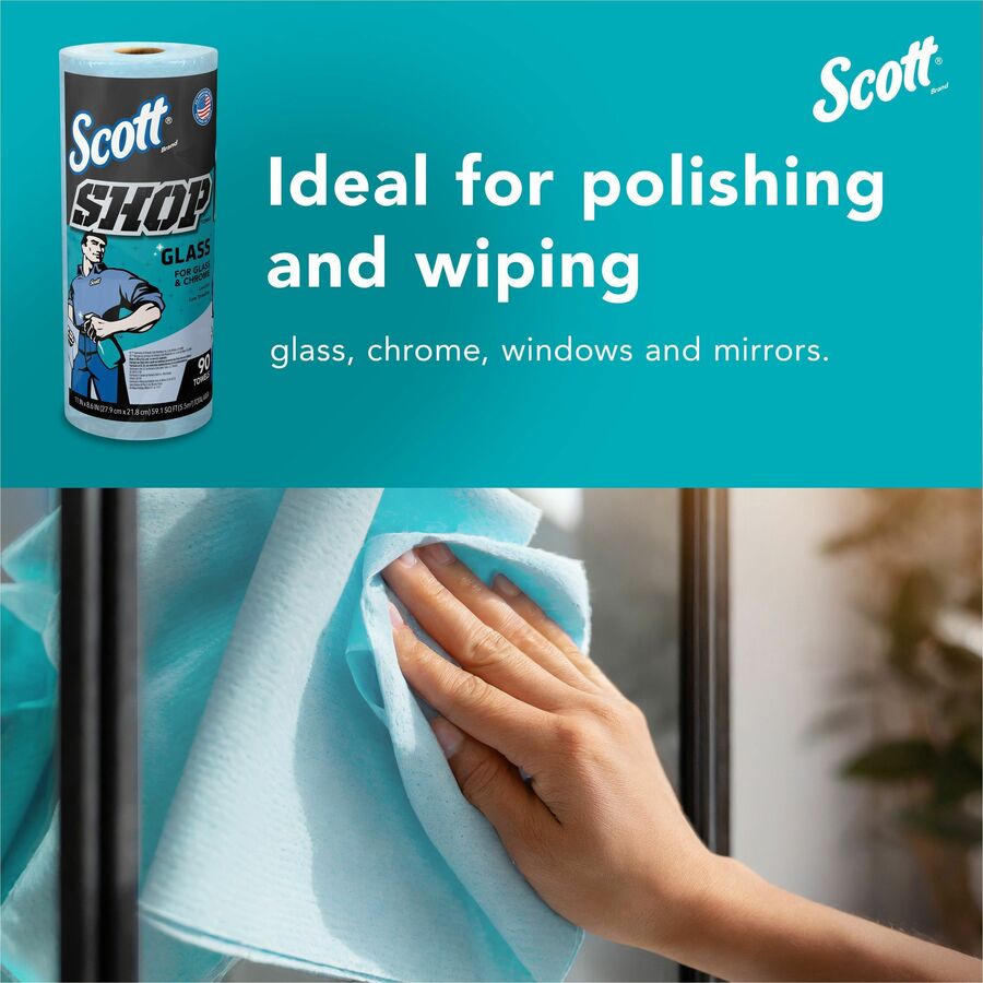 Scott Glass Cleaning Shop Towels - 90 Sheets/Roll - Blue - Low Linting, Absorbent, Perforated - For Glass Cleaning, Windshield, Window, Mirror - 1080 / Carton