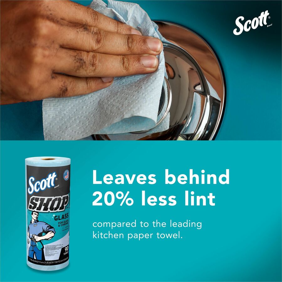 Scott Glass Cleaning Shop Towels - 90 Sheets/Roll - Blue - Low Linting, Absorbent, Perforated - For Glass Cleaning, Windshield, Window, Mirror - 1080 / Carton