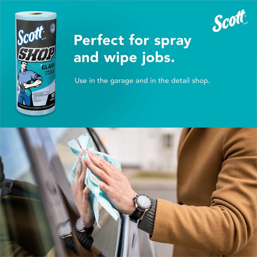 Scott Glass Cleaning Shop Towels - 90 Sheets/Roll - Blue - Low Linting, Absorbent, Perforated - For Glass Cleaning, Windshield, Window, Mirror - 1080 / Carton