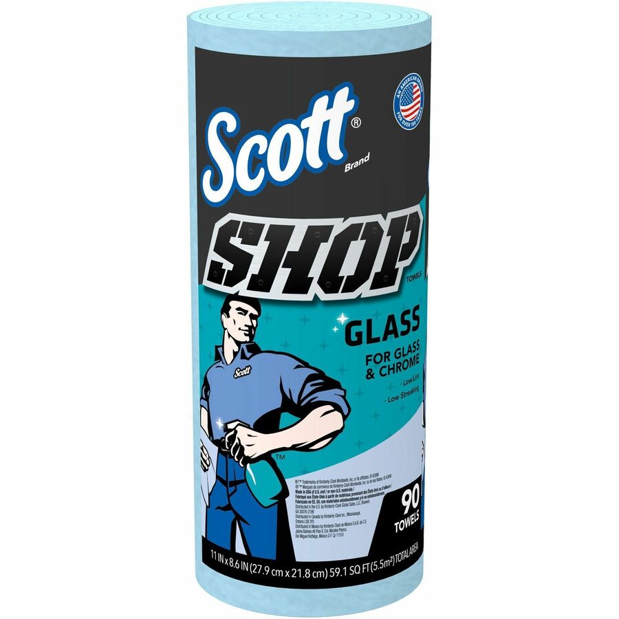 Scott Glass Cleaning Shop Towels - 90 Sheets/Roll - Blue - Low Linting, Absorbent, Perforated - For Glass Cleaning, Windshield, Window, Mirror - 1080 / Carton - 