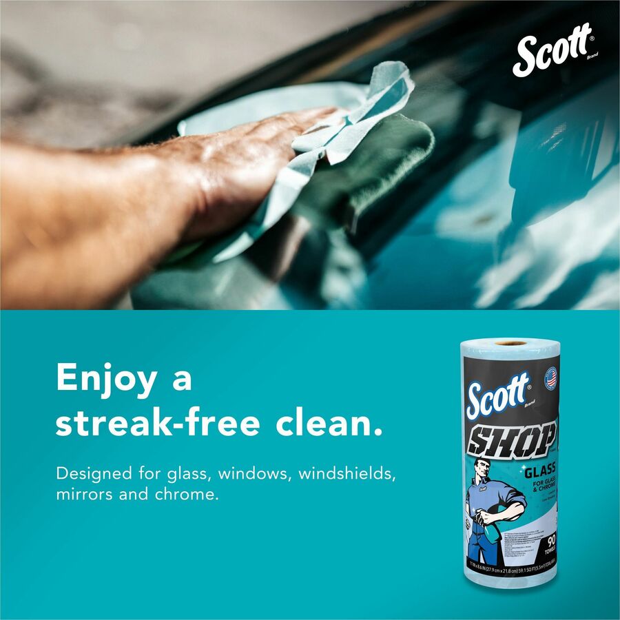 Scott Glass Cleaning Shop Towels - 90 Sheets/Roll - Blue - Low Linting, Absorbent, Perforated - For Glass Cleaning, Windshield, Window, Mirror - 1080 / Carton
