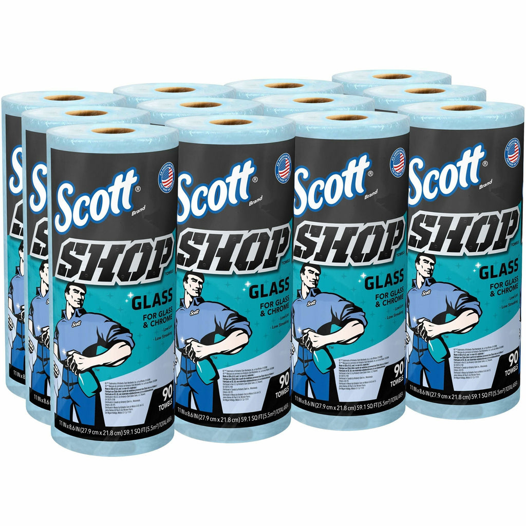 Scott Glass Cleaning Shop Towels - 90 Sheets/Roll - Blue - Low Linting, Absorbent, Perforated - For Glass Cleaning, Windshield, Window, Mirror - 1080 / Carton