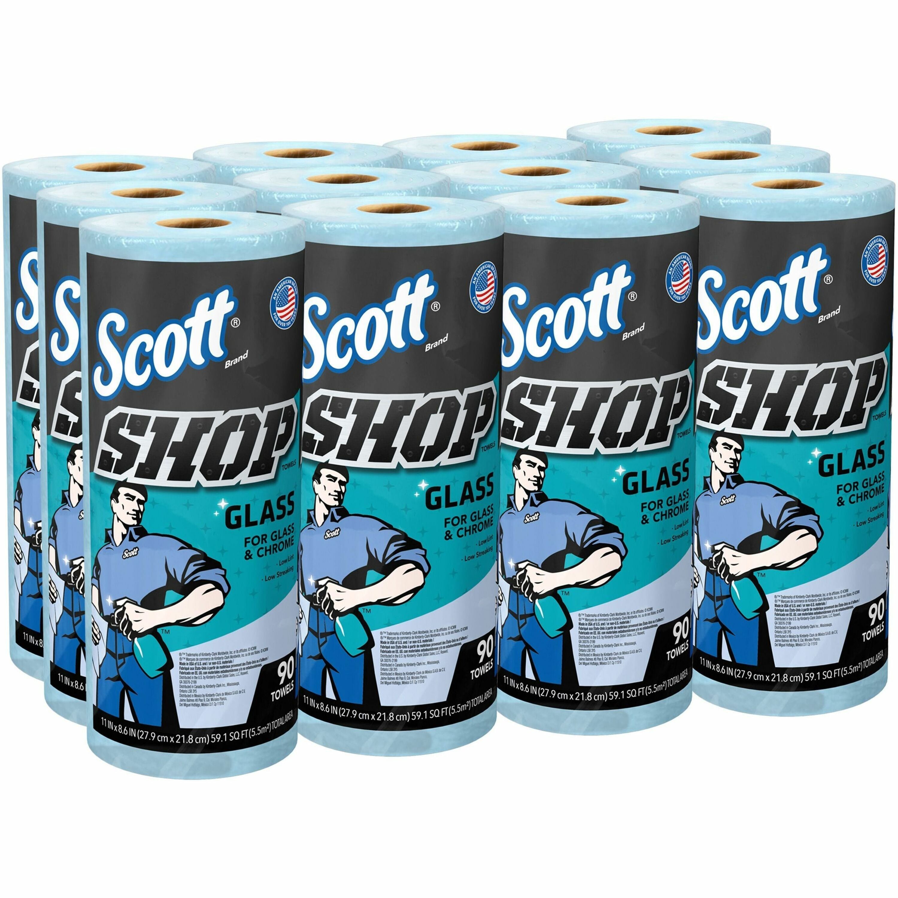 Scott Glass Cleaning Shop Towels - 90 Sheets/Roll - Blue - Low Linting, Absorbent, Perforated - For Glass Cleaning, Windshield, Window, Mirror - 1080 / Carton