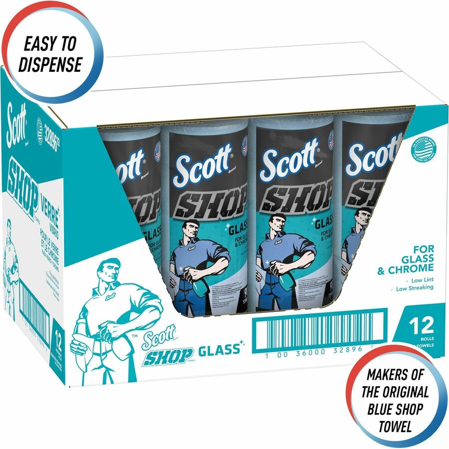 Scott Glass Cleaning Shop Towels - 90 Sheets/Roll - Blue - Low Linting, Absorbent, Perforated - For Glass Cleaning, Windshield, Window, Mirror - 1080 / Carton - 