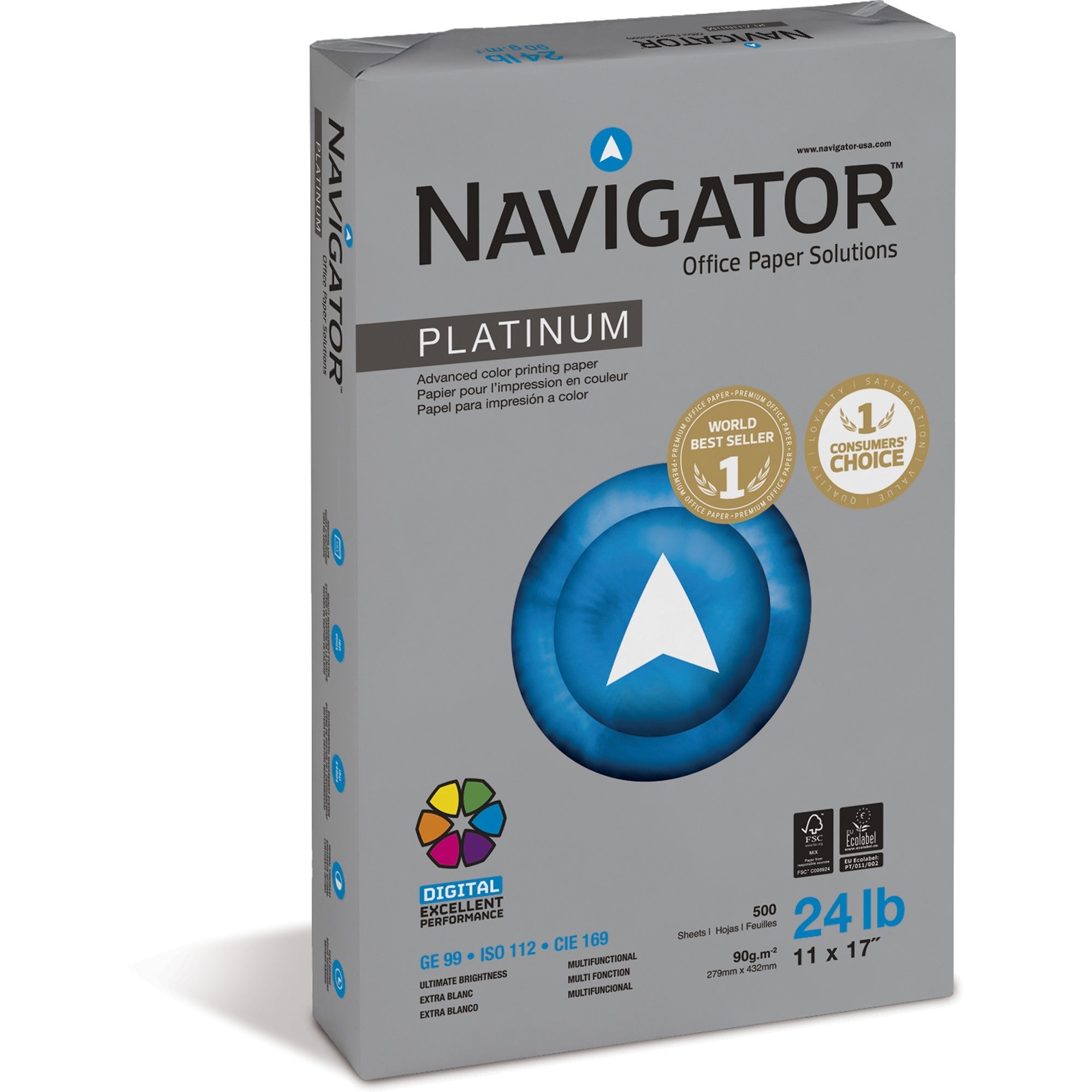 Navigator Platinum Superior Productivity Multipurpose Paper - Silky Touch - Bright White - 99 Brightness - 96% Opacity - 11" x 17" - 24 lb Basis Weight - Extra Smooth - 2500 / Carton - Jam-free - Bright White