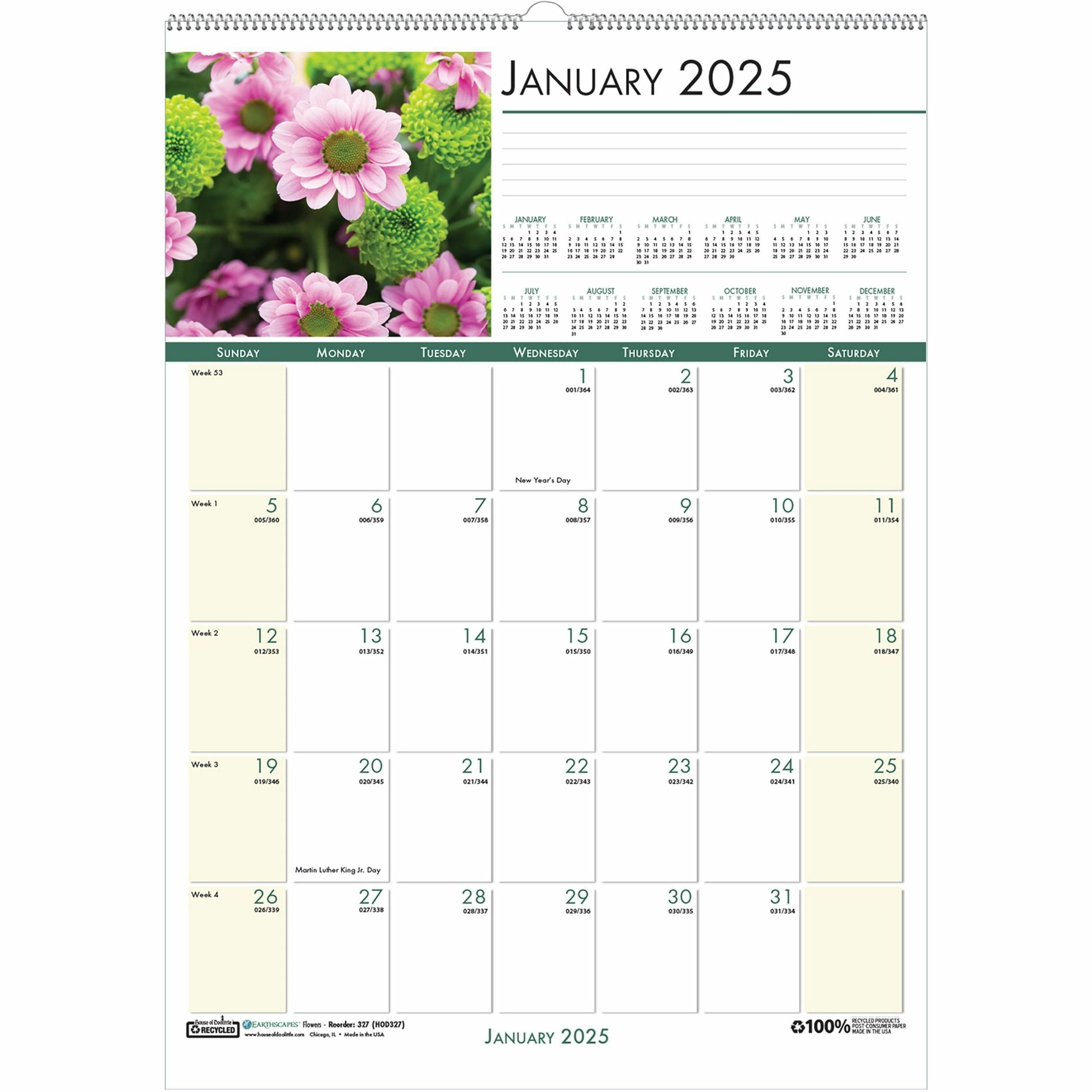 House of Doolittle EarthScapes Flowers Photo Wall Calendar - Julian Dates - Monthly - 12 Month - January 2024 - December 2024 - 1 Month Single Page Layout - 2.13" x 1.50" Block - Wire Bound - 16.5" Height x 12" Width - Reference Calendar, Eyelet - 1
