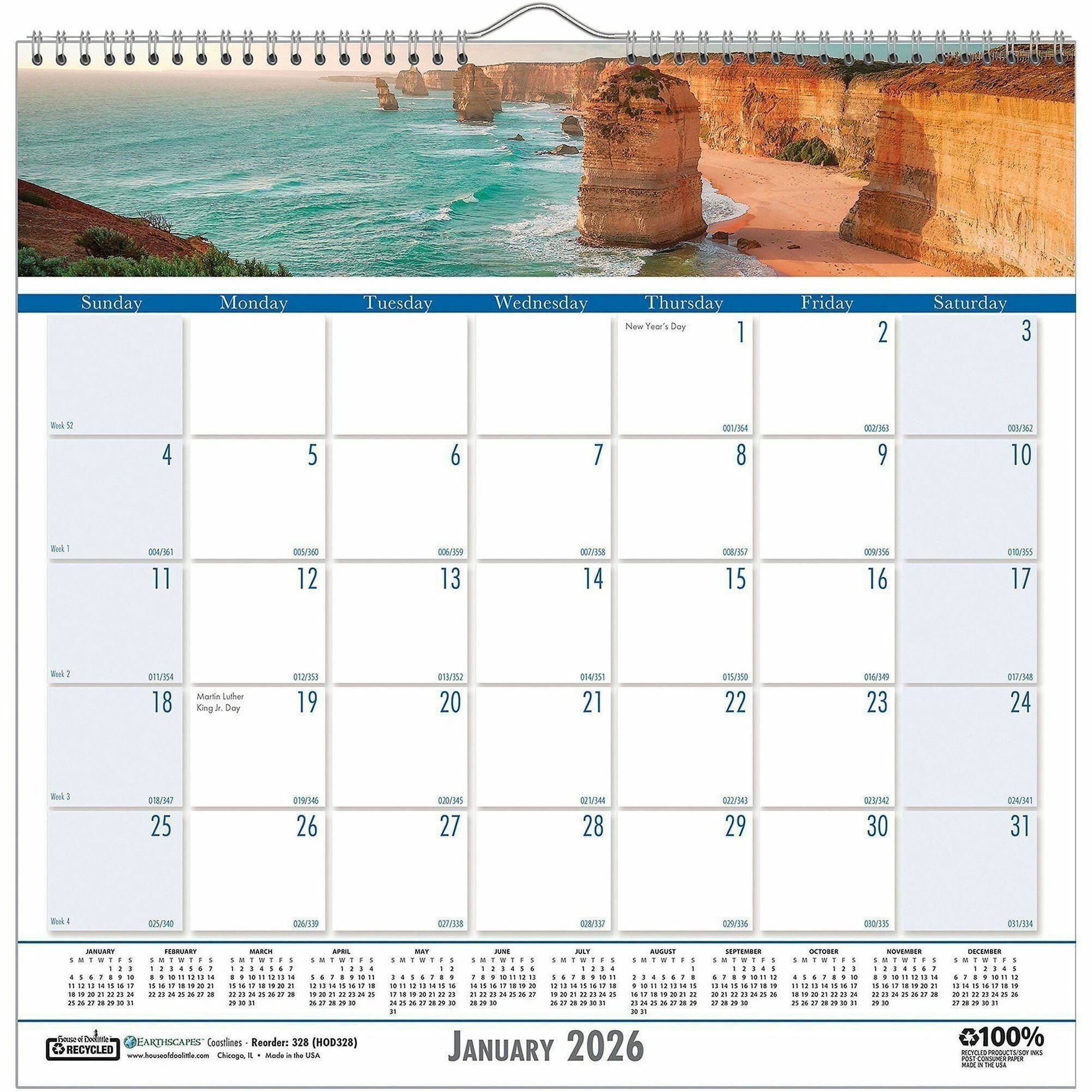 House of Doolittle Coastlines Monthly Wall Calendar - Julian Dates - Monthly - 12 Month - January 2024 - December 2024 - 1 Month Single Page Layout - 1.38" x 1.50" Block - Wire Bound - Sea Blue - 12" Height x 12" Width - Reference Calendar, Eyelet -