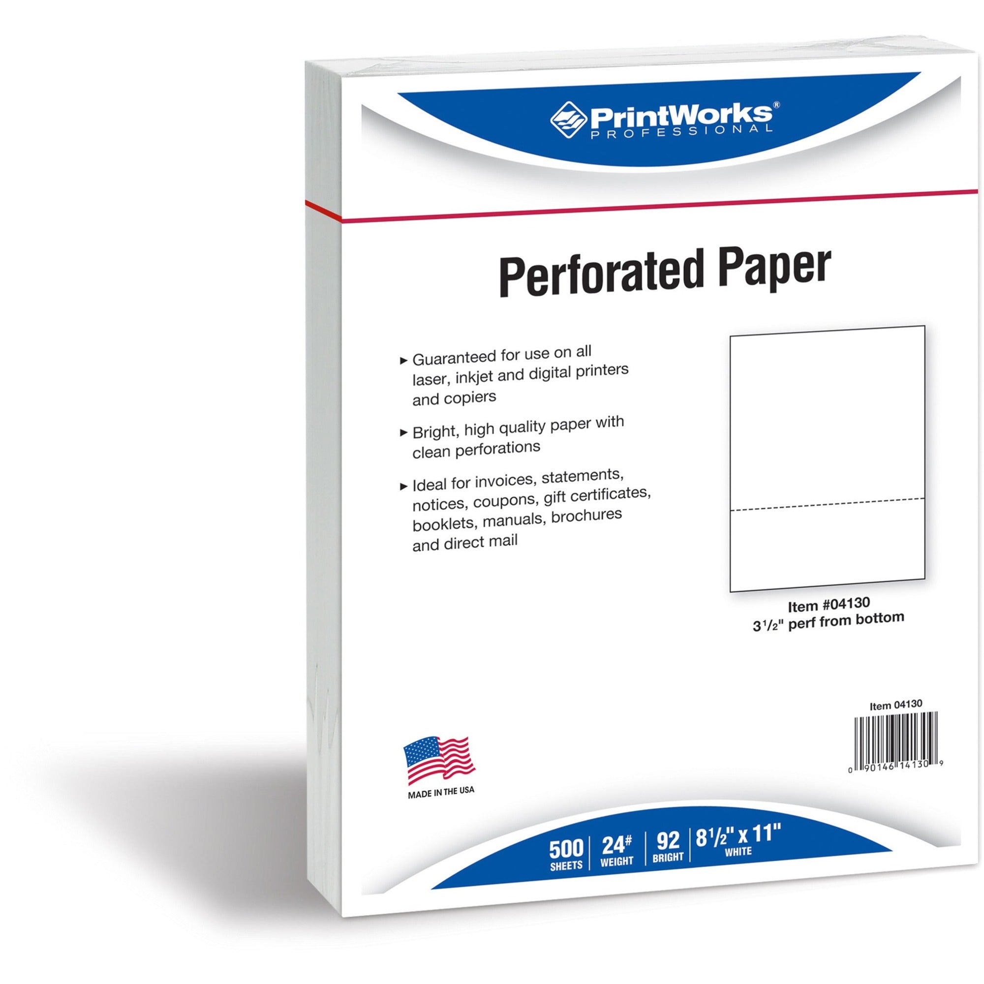 PrintWorks Professional Pre-Perforated Paper for Invoices, Statements, Gift Certificates & More - 92 Brightness - Letter - 8 1/2" x 11" - 24 lb Basis Weight - Smooth - 500 / Ream - Perforated - White - 
