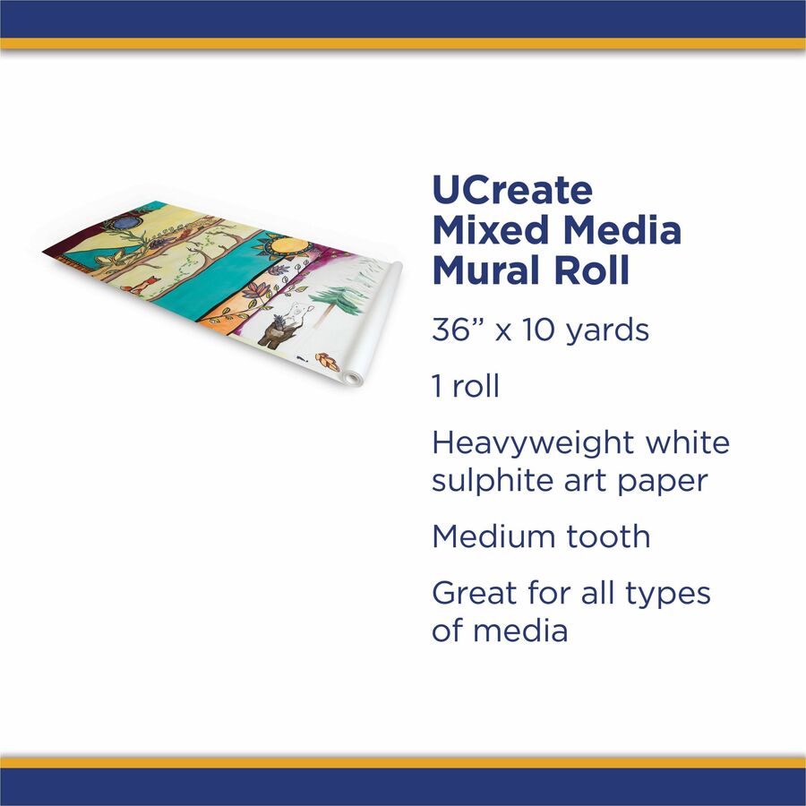 UCreate Mixed Media Paper Roll - Art Project, Drawing, Banner, Mural - 1"Height x 36"Width x 30 ftLength - 1 / Roll - White - 