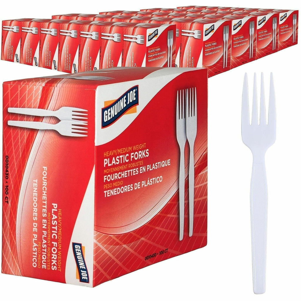 Genuine Joe Heavyweight White Plastic Forks - 100 / Box - 40/Carton - Disposable - White