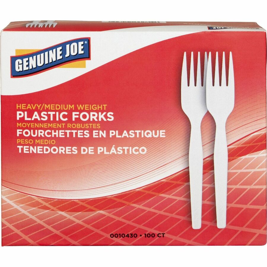 Genuine Joe Heavyweight White Plastic Forks - 100 / Box - 40/Carton - Disposable - White - 6